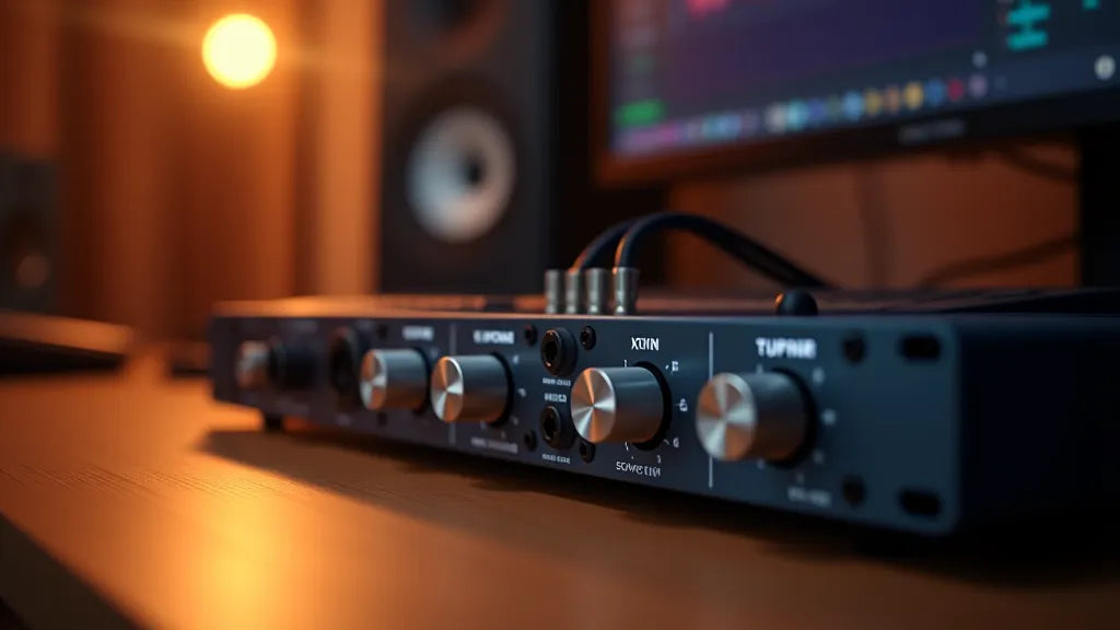 Modern USB audio interface on a studio desk with monitor speakers and warm lighting - best audio interfaces for music production 2026