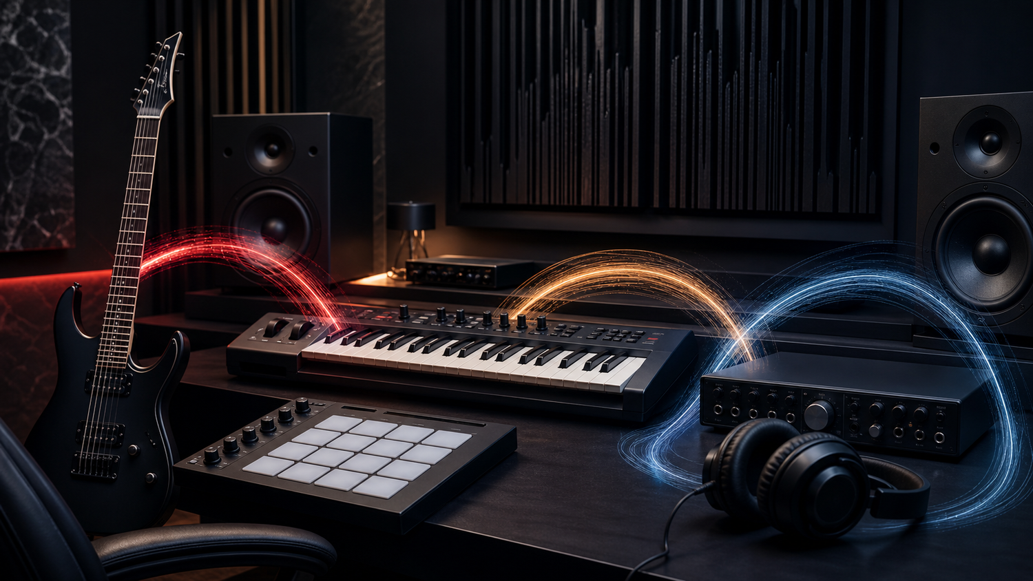 Modern metal production studio toolkit with guitar drums synth gear and abstract sound energy