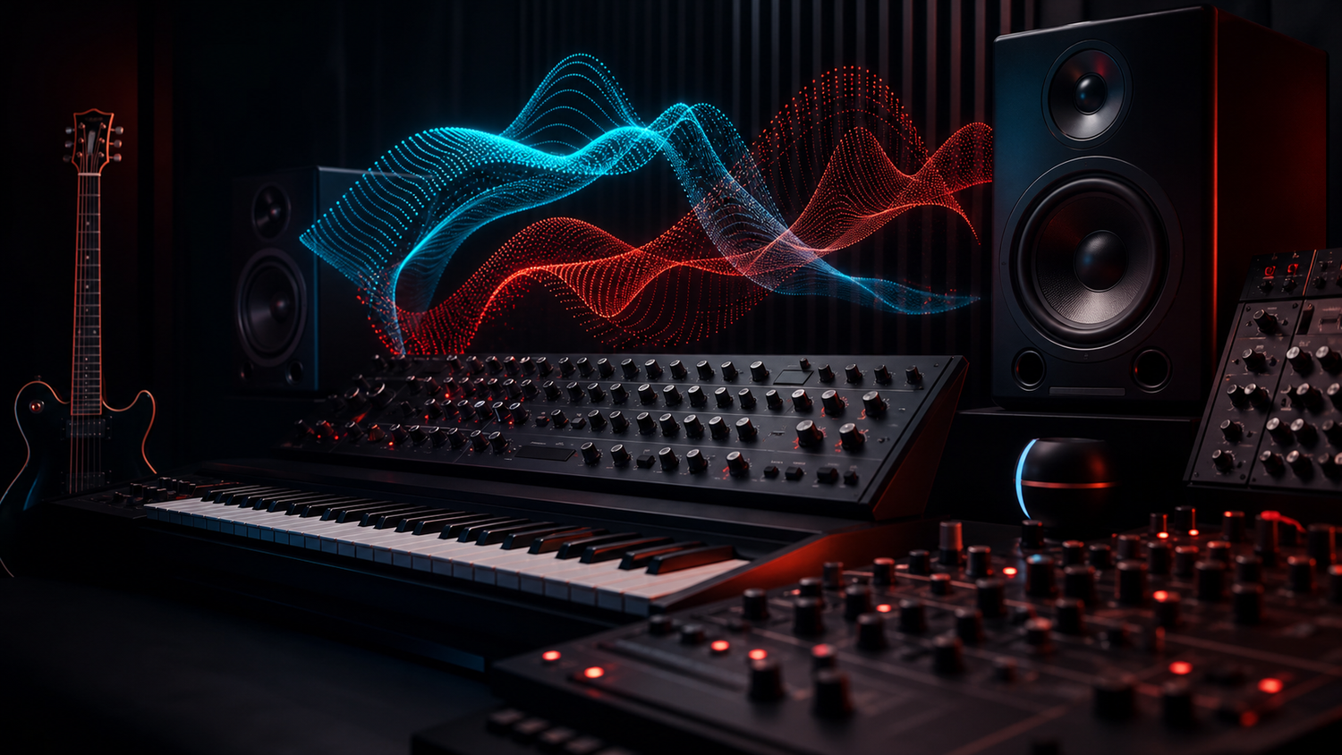 Music production studio with abstract wavetable sound design lights for Serum 2 presets