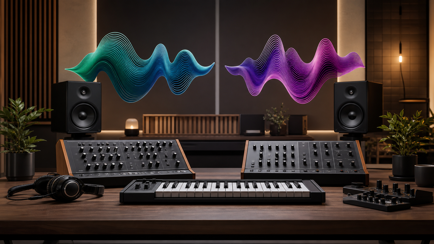 Music production desk with two abstract wavetable sound design sculptures