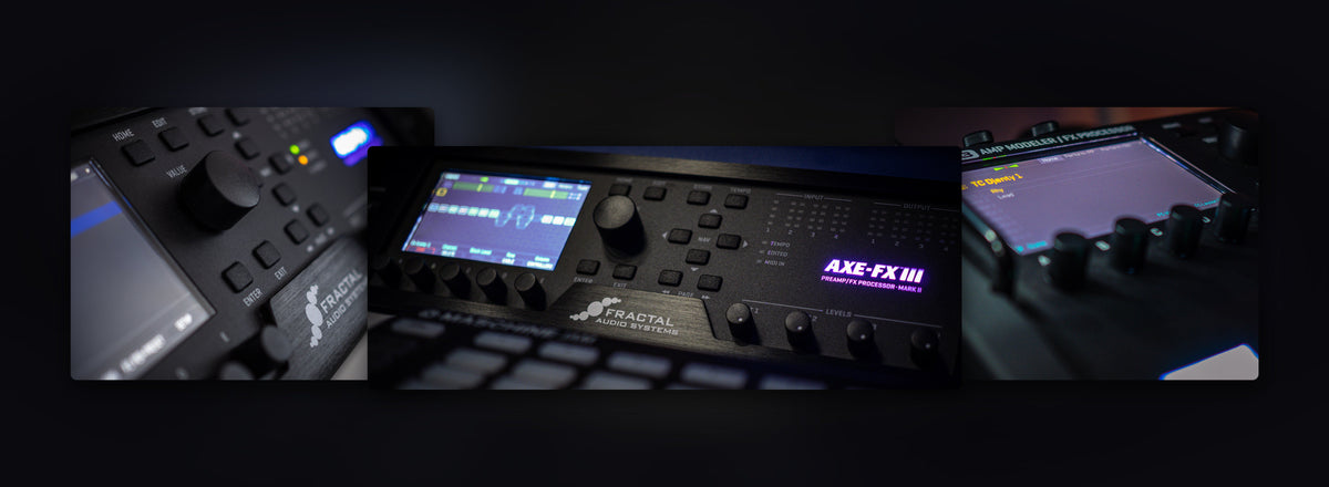Real photos of Fractal Audio units in the Develop Device studio: Axe-Fx II XL+, Axe-Fx III and FM3