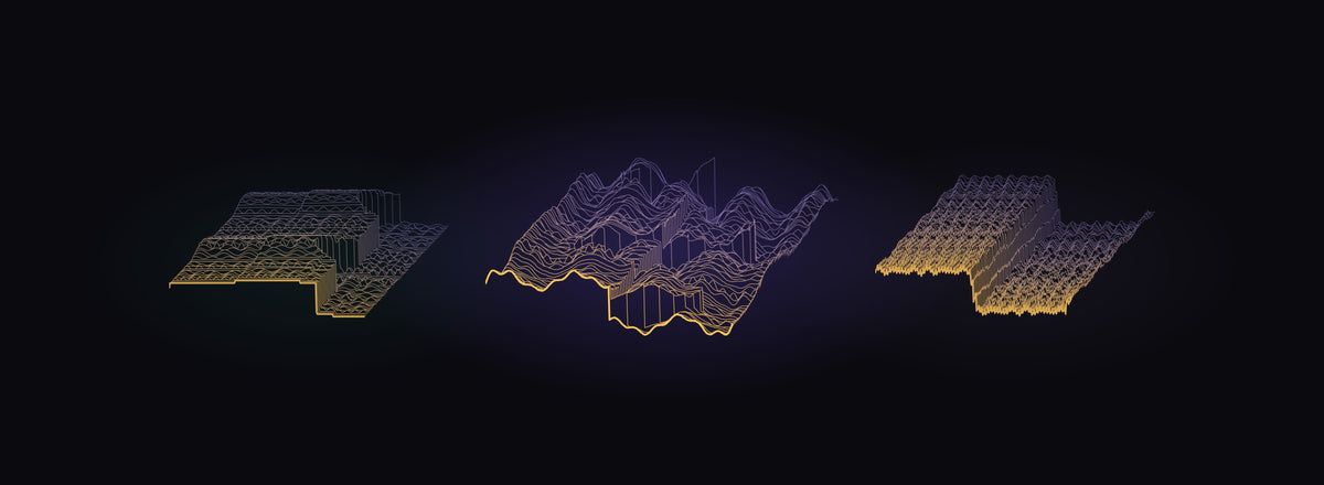 Three real 8-bit wavetables from the Develop Device Pixel Engine 1000 library shown frame by frame in 3D