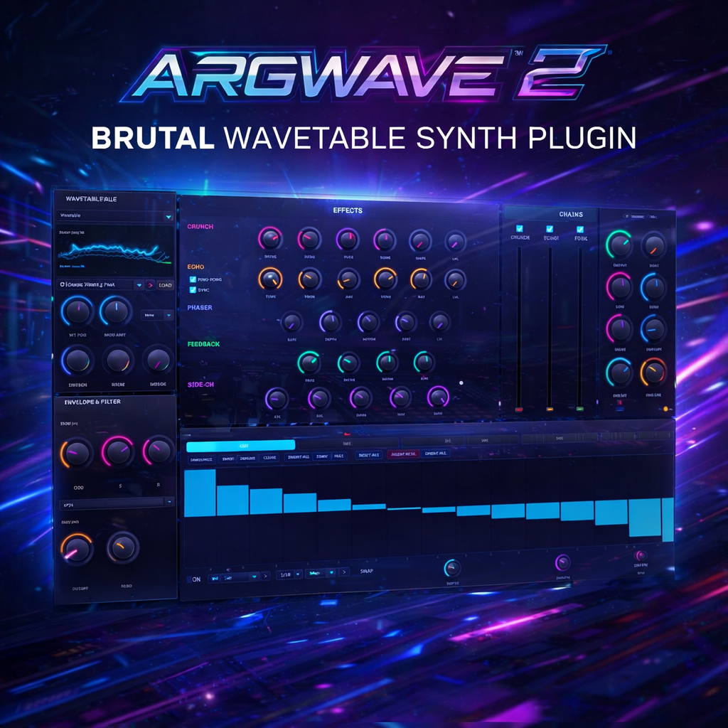ArgWave 2 Brutal Wavetable Synthesizer VST Plugin Interface - Cyberpunk GUI with 3D Wavetable Visualization