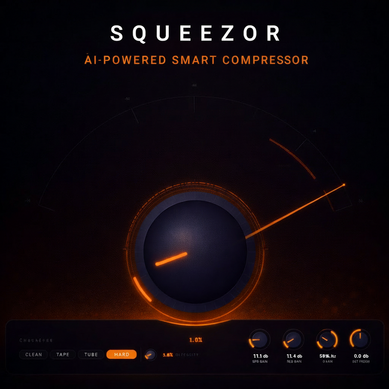SQUEEZOR AI-Powered Smart Compressor VST3 Plugin Interface - Premium Dark GUI with VU Meter