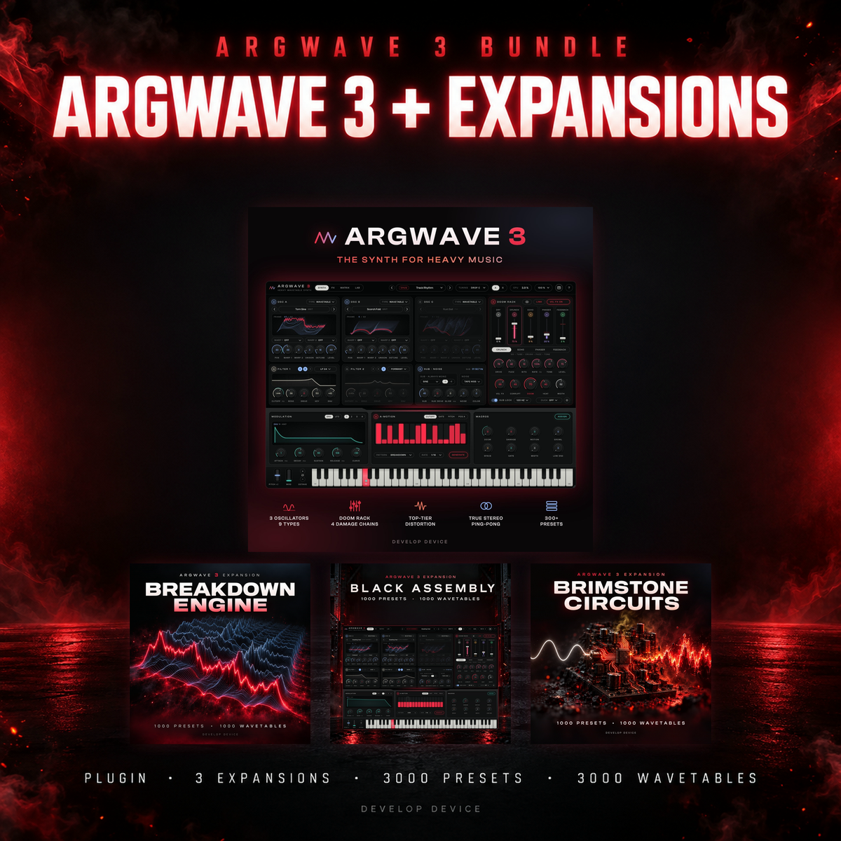 ArgWave 3 + Expansions Bundle: the ArgWave 3 synth plugin with the expansions Breakdown Engine, Black Assembly and Brimstone Circuits
