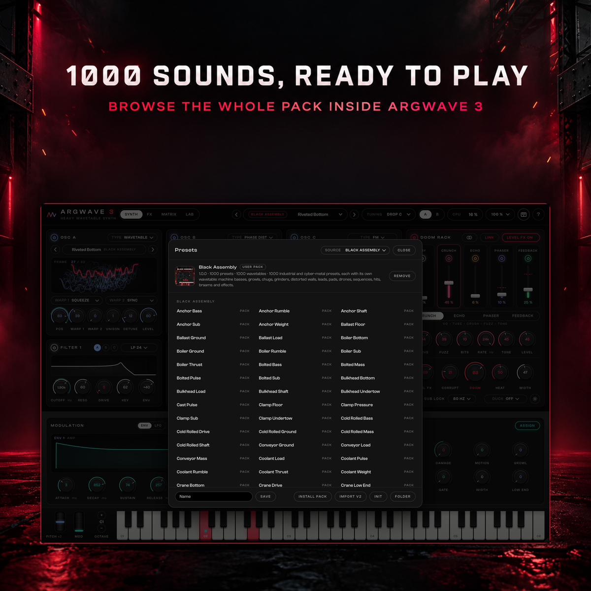 The ArgWave 3 preset browser showing the Black Assembly pack: 1000 presets and 1000 wavetables