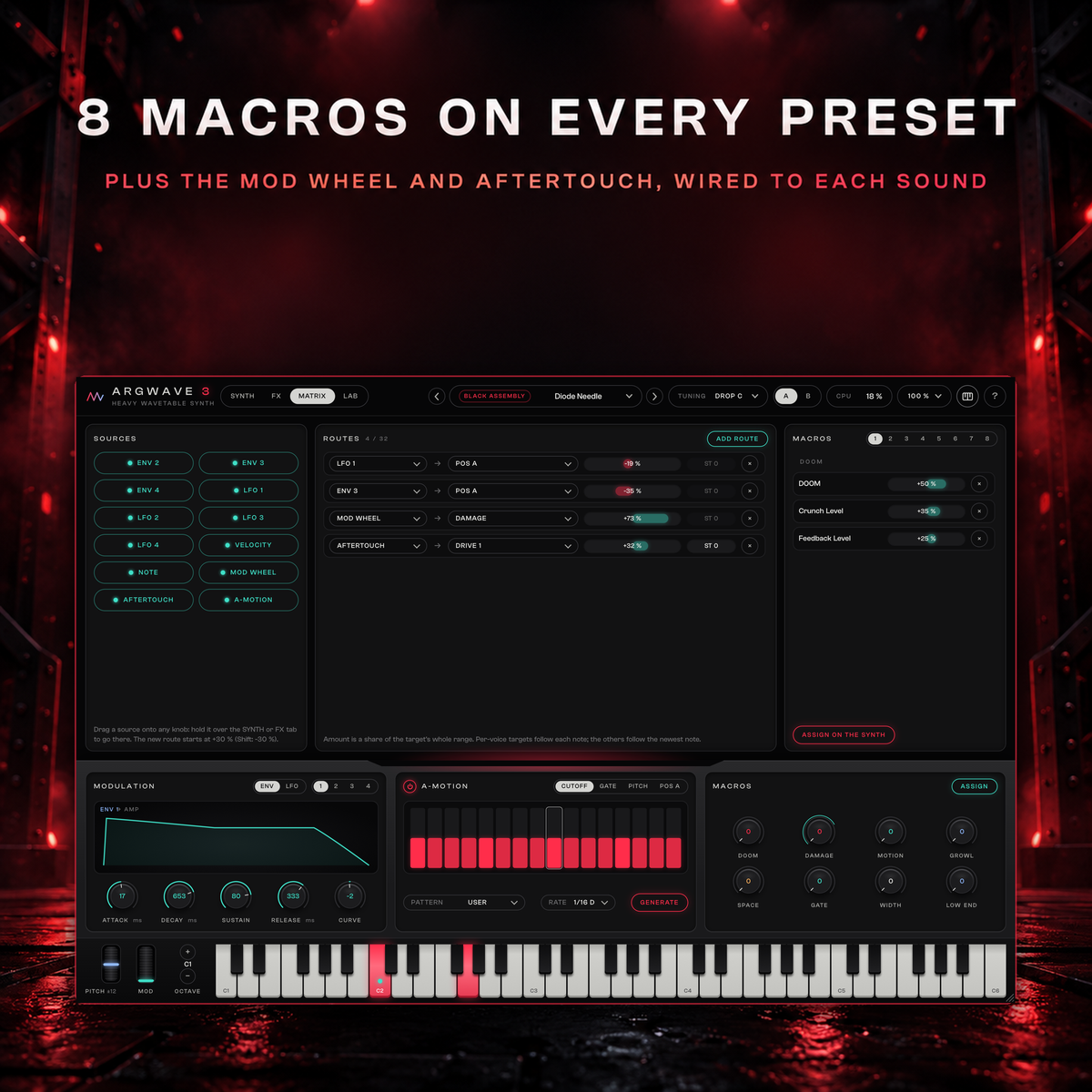 The ArgWave 3 matrix page with a Black Assembly preset: mod wheel and aftertouch routes and the DOOM macro's targets