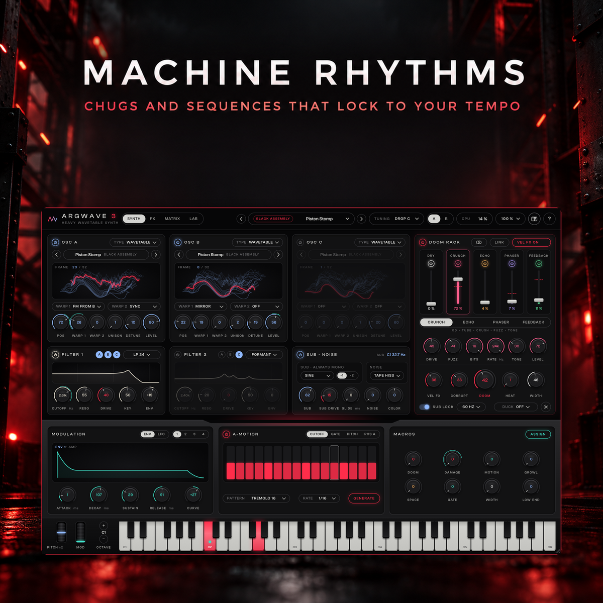A Black Assembly chug preset in ArgWave 3 with the DOOM RACK and the A-MOTION step pattern