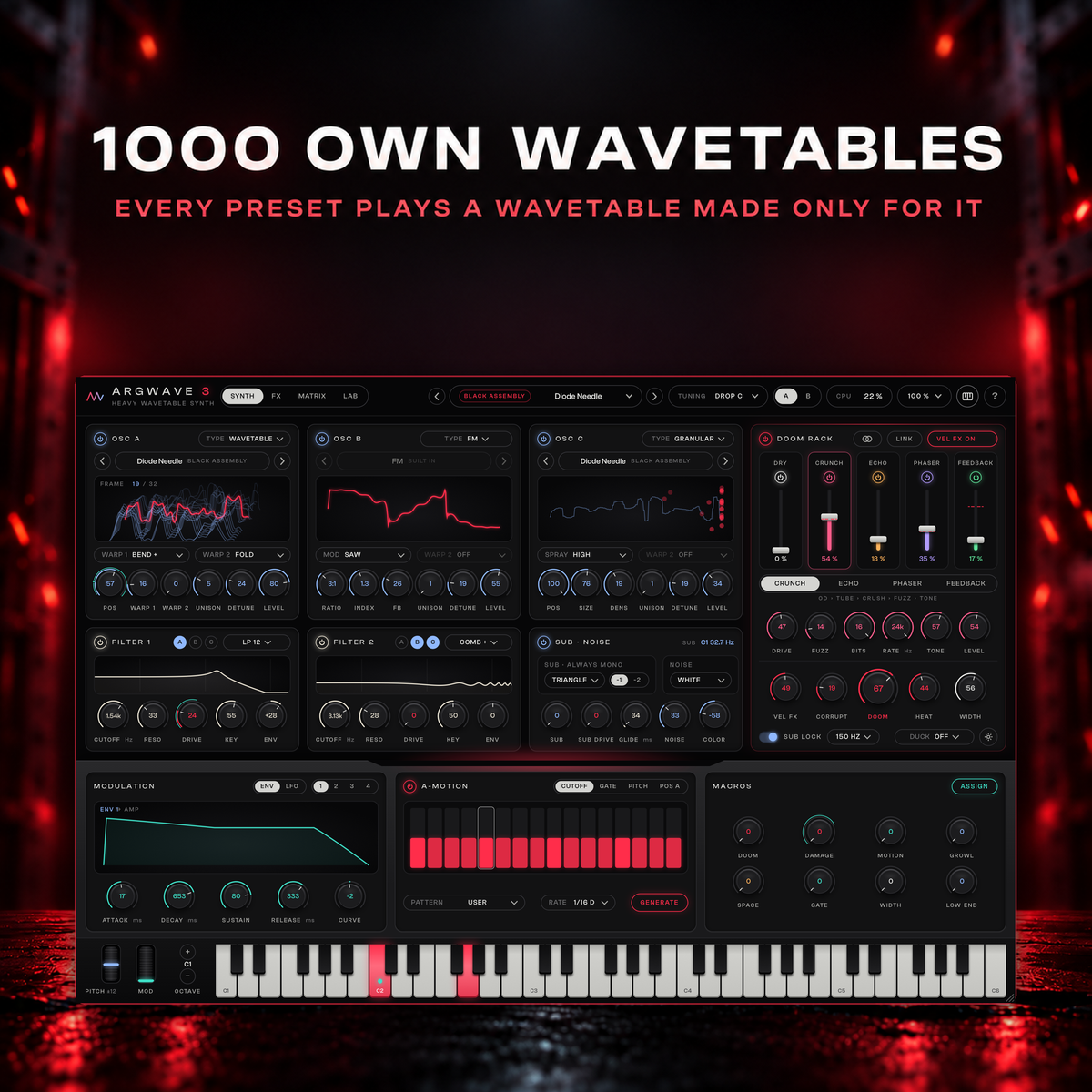 ArgWave 3 with a Black Assembly lead preset: oscillator A plays the preset's own wavetable