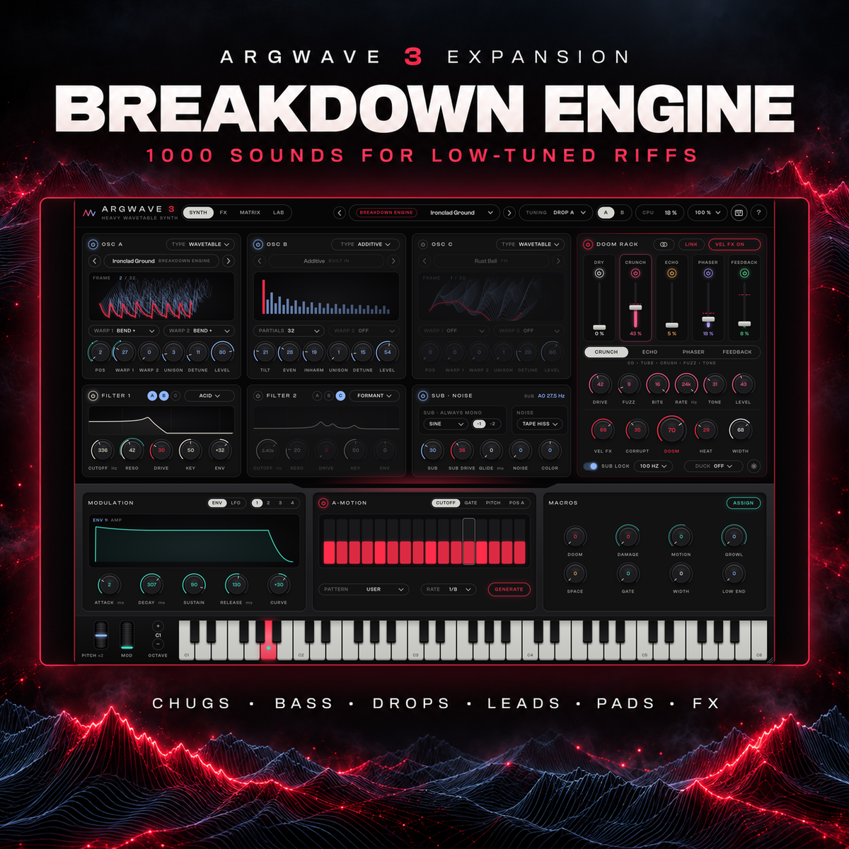 ArgWave 3 synth with a Breakdown Engine bass preset loaded: 1000 sounds for low-tuned riffs