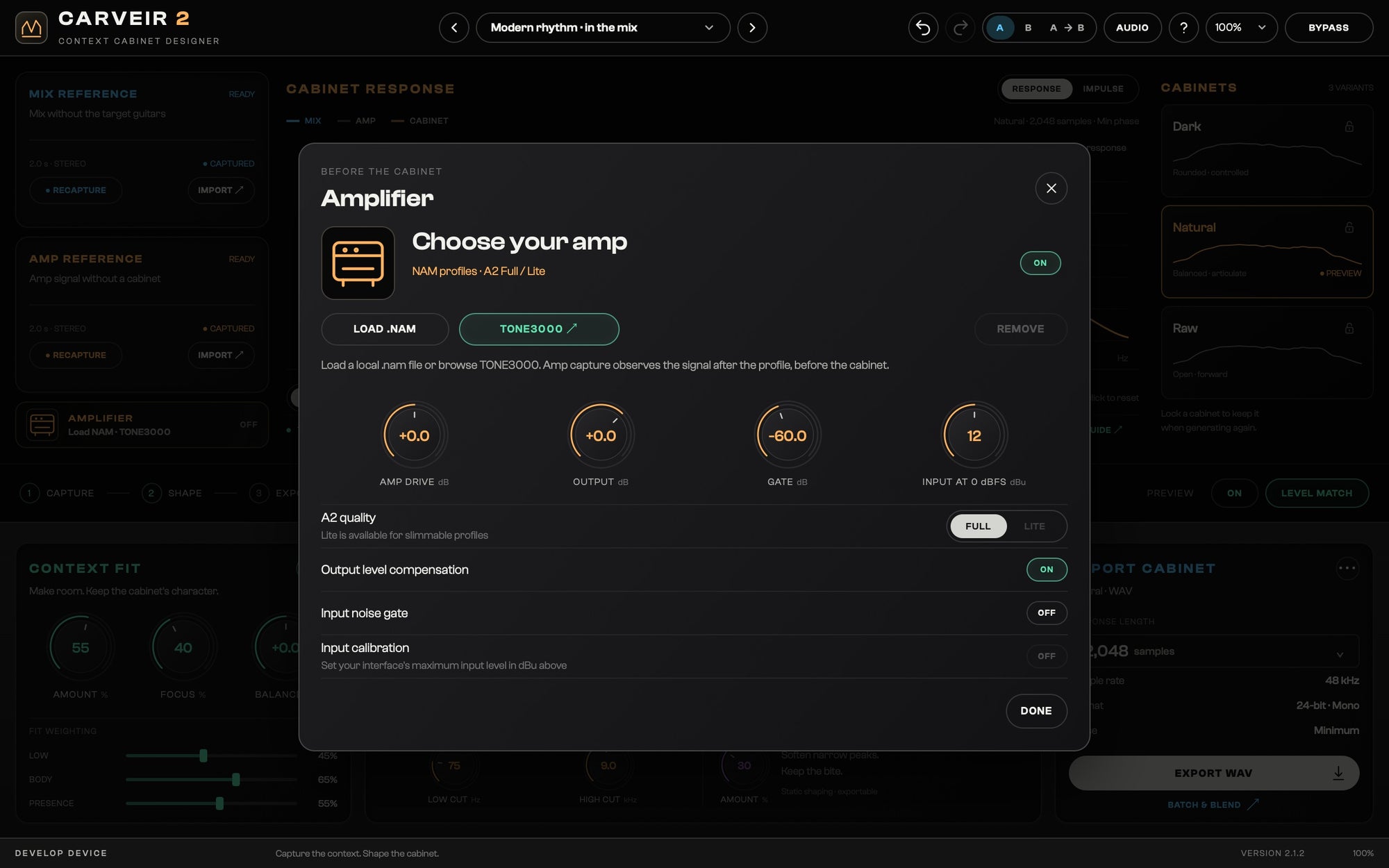 CarveIR 2 Amplifier panel with NAM controls