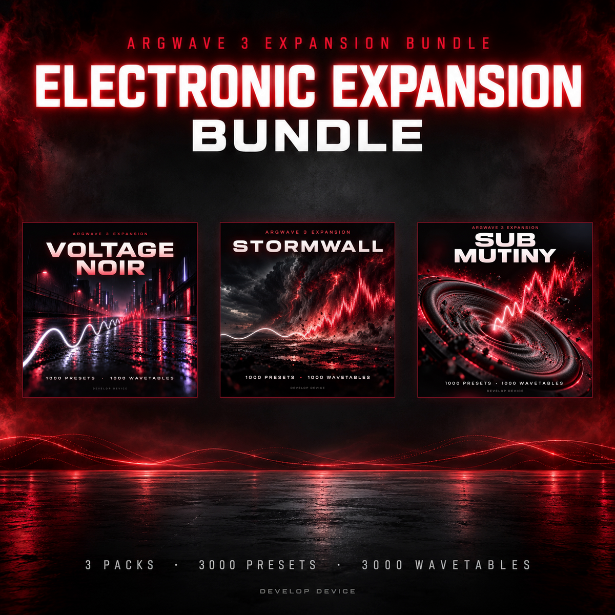 Electronic Expansion Bundle: the three ArgWave 3 expansions Voltage Noir, Stormwall and Sub Mutiny, 3000 presets and 3000 wavetables