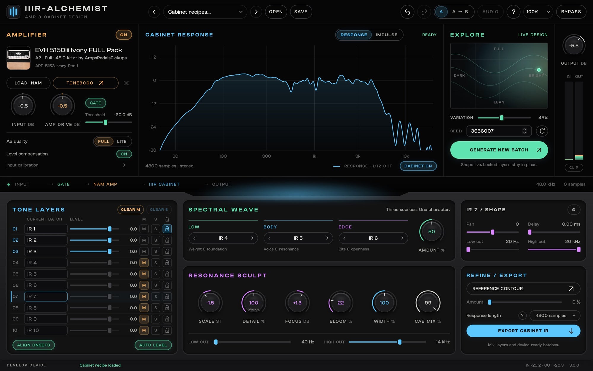 Amplifier panel showing a loaded profile, creator, artwork, A2 quality and gain controls