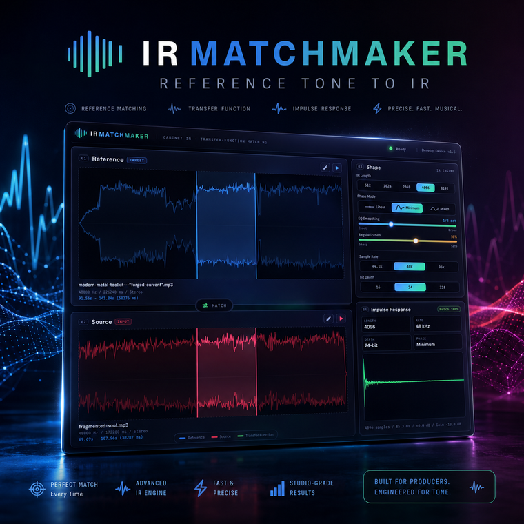 IR MatchMaker — reference tone to cabinet IR. Standalone tone-matching app interface.