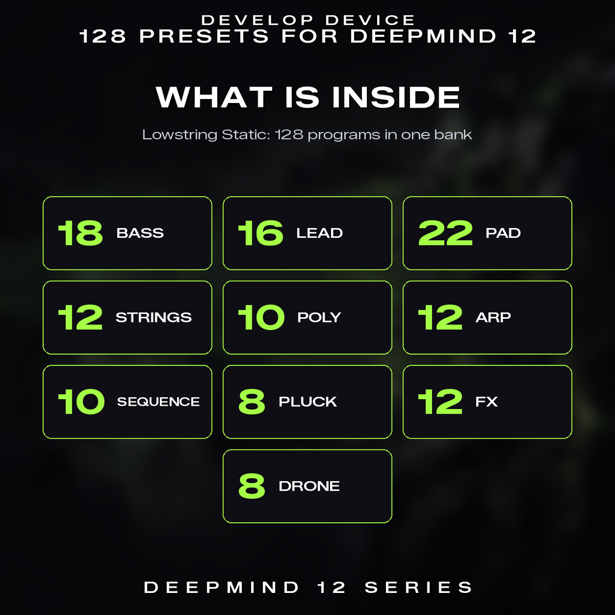 What is inside Lowstring Static: 22 pad, 18 bass, 16 lead, 12 strings, 12 arp, 12 fx, 10 poly, 10 sequence, 8 pluck, 8 drone