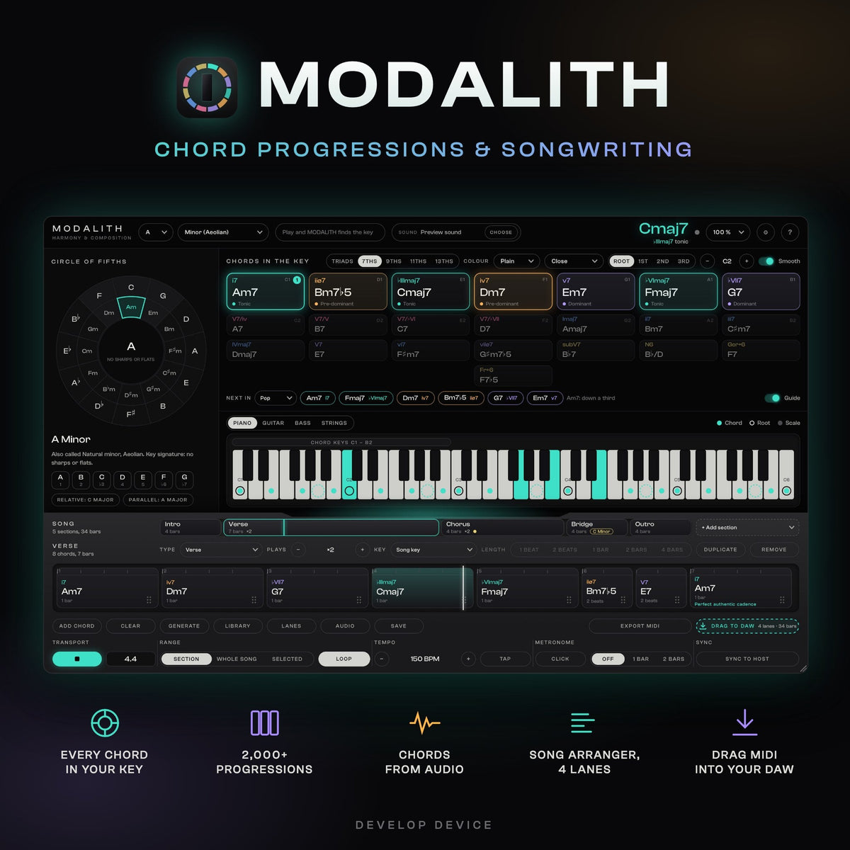 MODALITH chord progression and songwriting plugin by Develop Device: every chord in the key, 2,000+ progressions, chords from audio and a song arranger