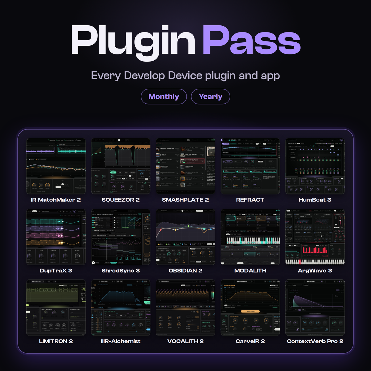 Plugin Pass: every Develop Device plugin and app in one subscription, monthly or yearly, shown by their real plugin windows