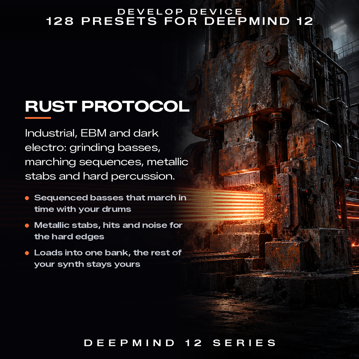 Rust Protocol DeepMind 12 preset pack for industrial, EBM and dark electro