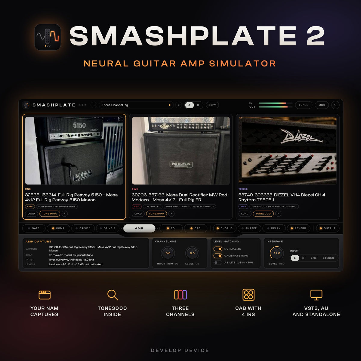 SMASHPLATE 2 neural guitar amp simulator plugin with three amp channels of NAM captures, pedals, a cab with four IRs and effects
