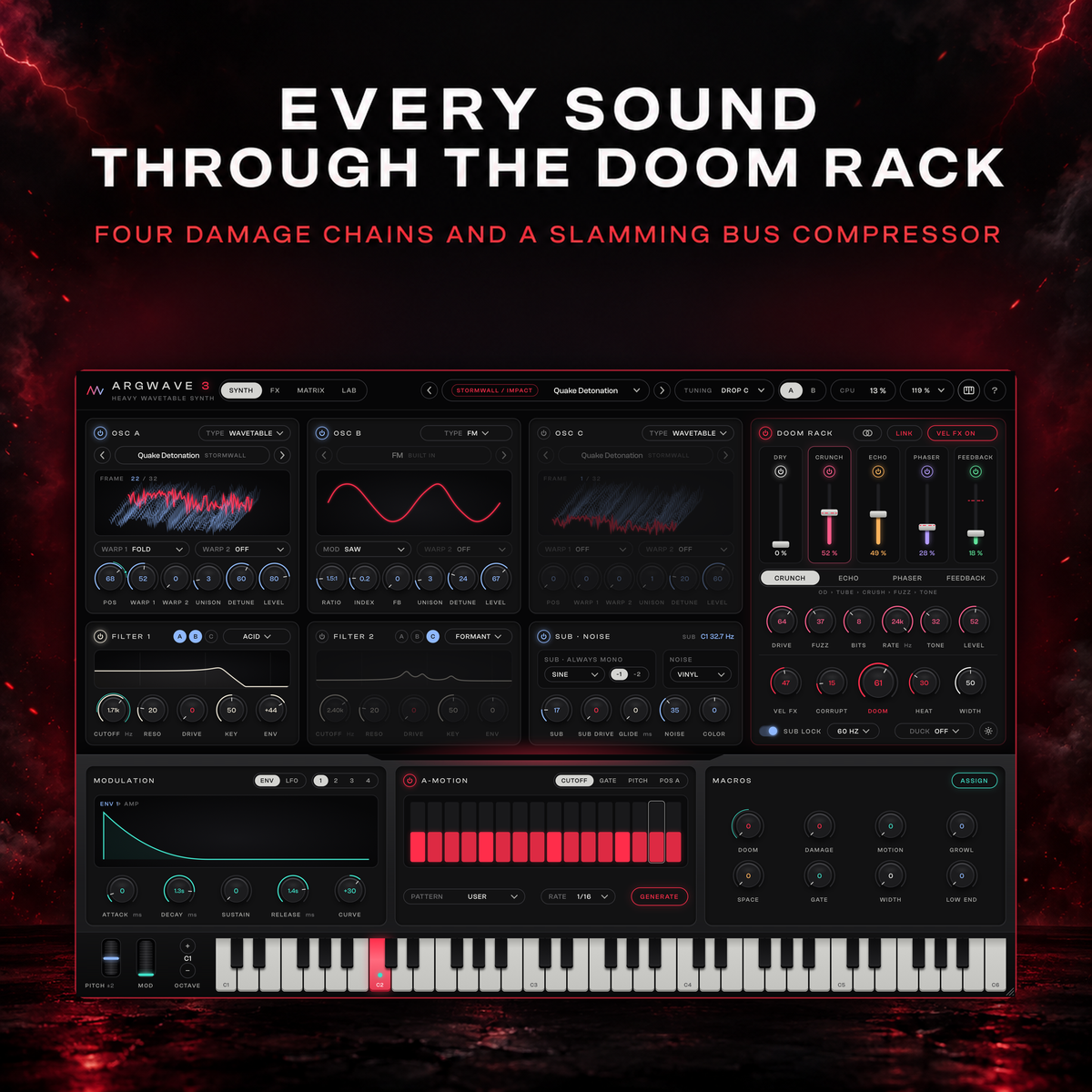 ArgWave 3 playing the Stormwall impact preset Quake Detonation through the four DOOM RACK damage chains
