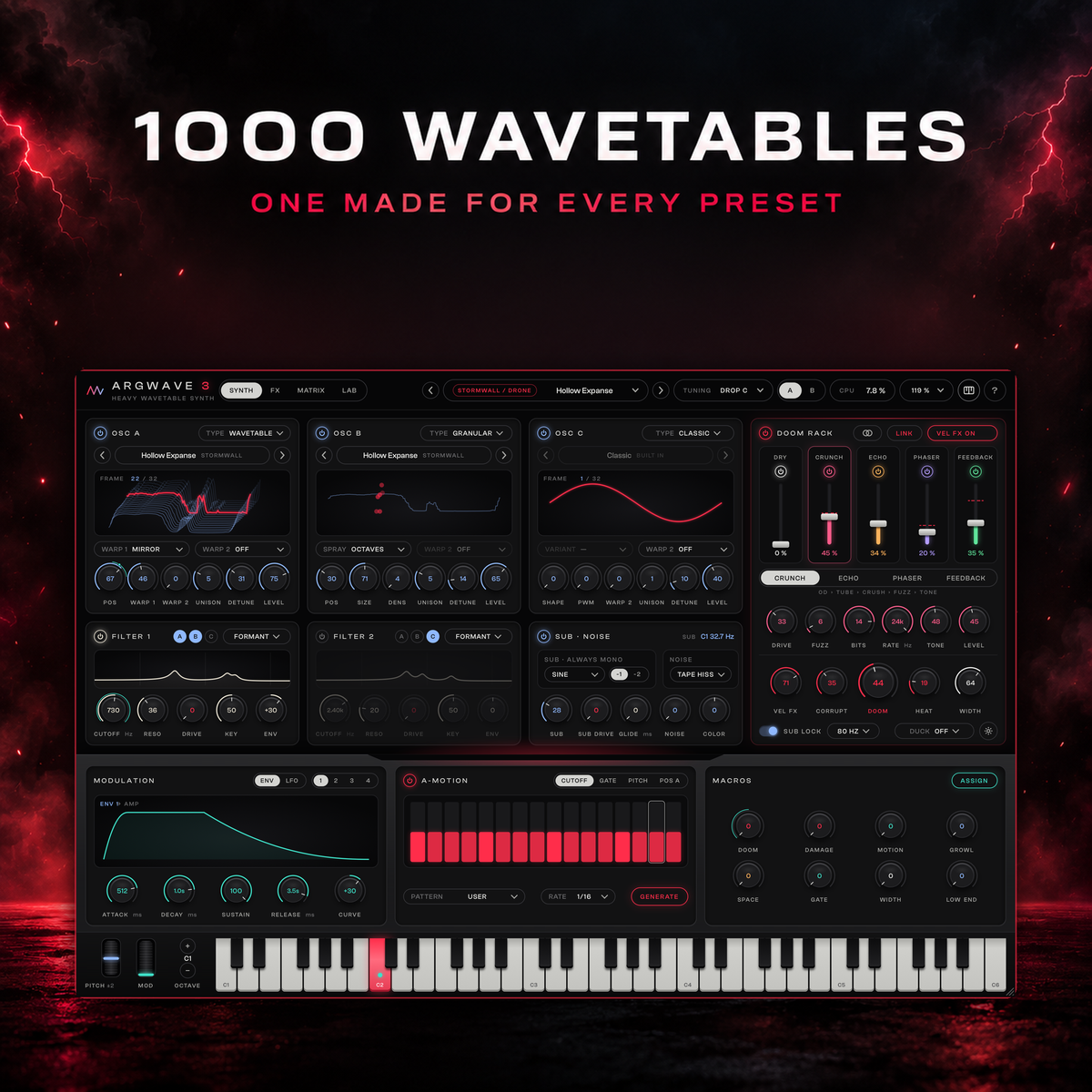 ArgWave 3 playing the Stormwall drone preset Hollow Expanse with its own moving wavetable