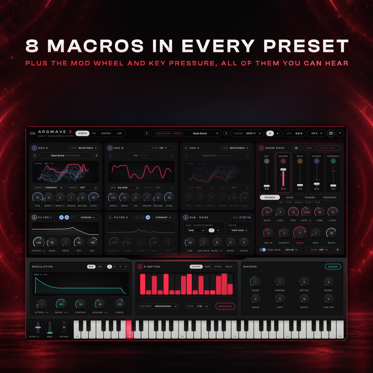 ArgWave 3 with the Sub Mutiny riddim preset Hack Grind loaded and its eight macros below