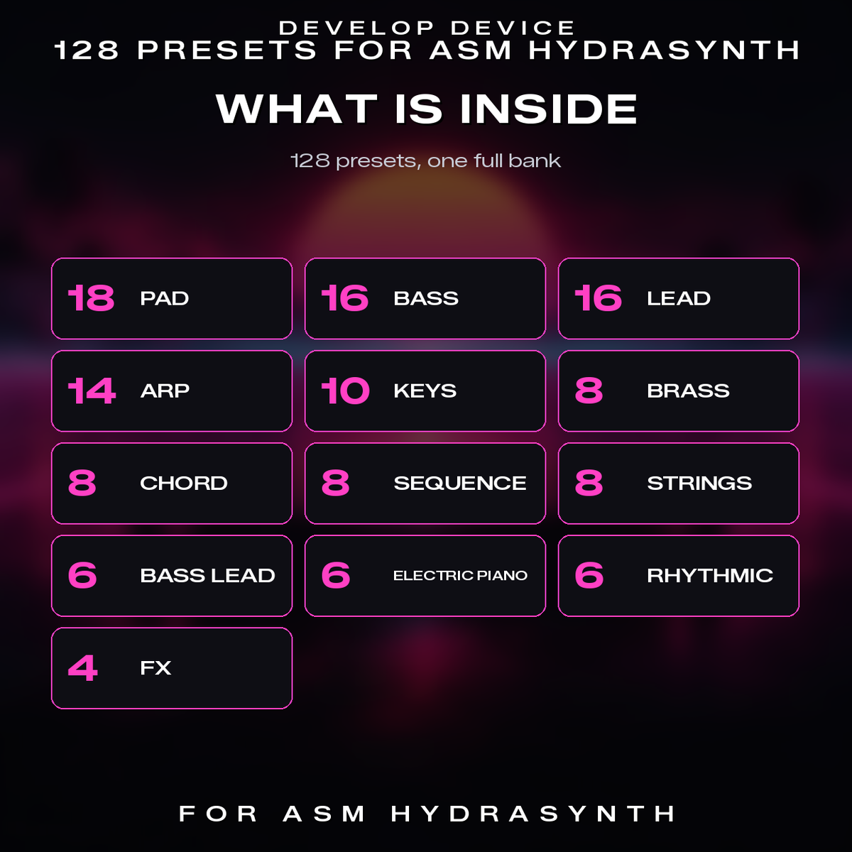 Synthwave for ASM Hydrasynth: 128 presets by category