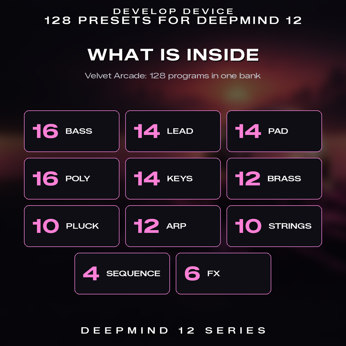 What is inside Velvet Arcade: 16 bass, 16 poly, 14 lead, 14 pad, 14 keys, 12 brass, 12 arp, 10 pluck, 10 strings, 6 fx, 4 sequence