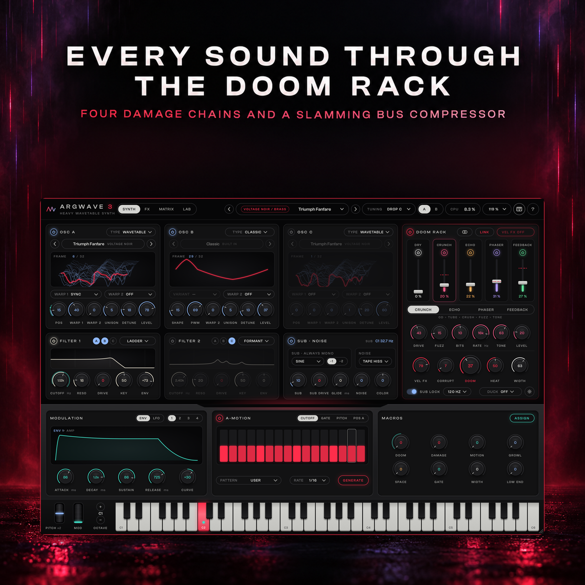 ArgWave 3 playing the Voltage Noir brass preset Triumph Fanfare through the four DOOM RACK damage chains