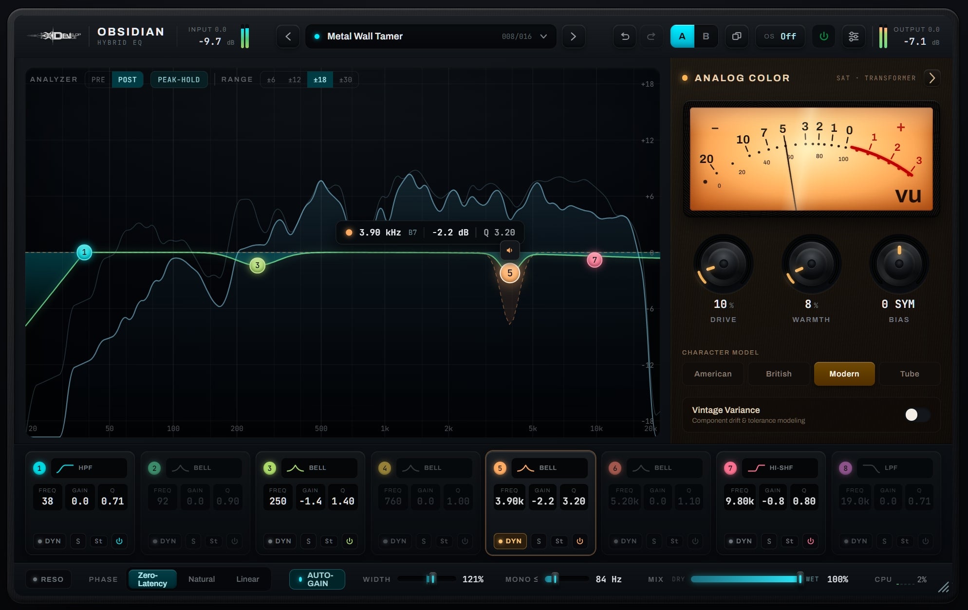 OBSIDIAN Hybrid EQ full plugin interface with analyzer, eight bands and Analog Color panel