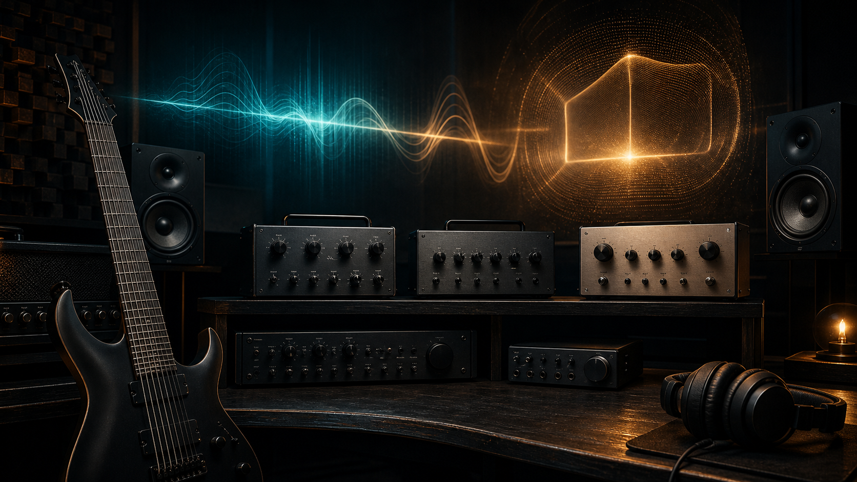 Dark guitar production studio with modeler gear and abstract cabinet response lights