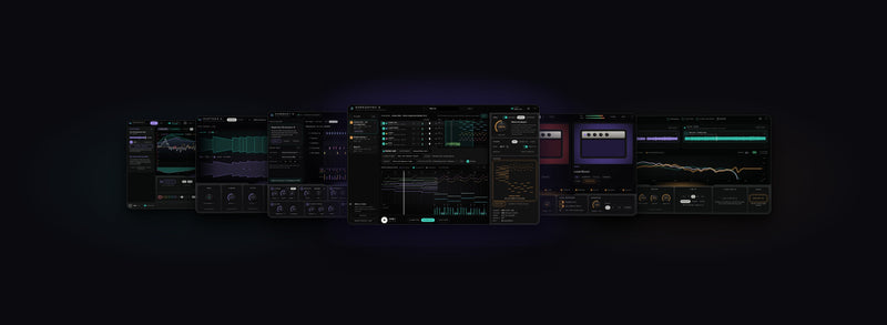 Real screens of Develop Device music apps and plugins: ShredSync 3, HumBeat 3, DupTraX 3, REFRACT, SMASHPLATE 2 and IR MatchMaker 2