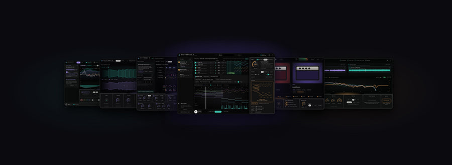 Real screens of Develop Device music apps and plugins: ShredSync 3, HumBeat 3, DupTraX 3, REFRACT, SMASHPLATE 2 and IR MatchMaker 2