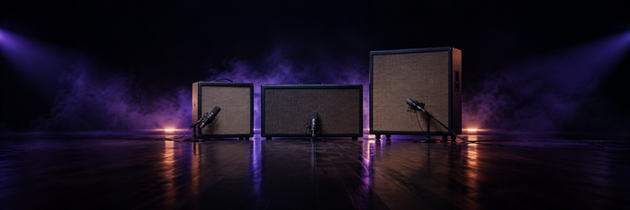 Guitar speaker cabinets with microphones in a dark studio - Mix-Ready Cabinet IRs by Develop Device
