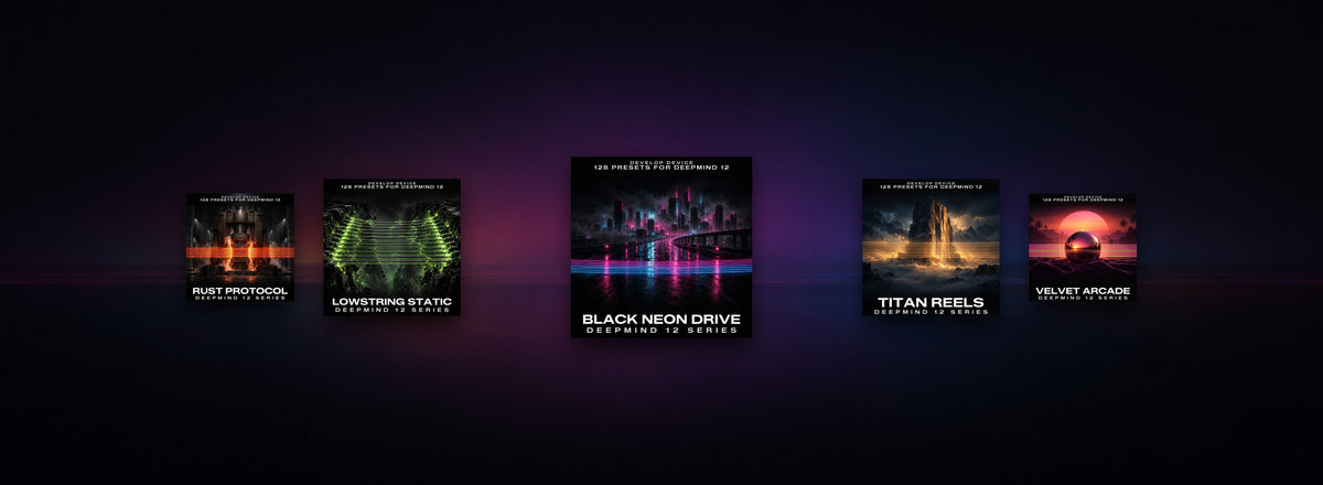 Rust Protocol, Lowstring Static, Black Neon Drive, Titan Reels and Velvet Arcade: the five DeepMind 12 preset pack covers