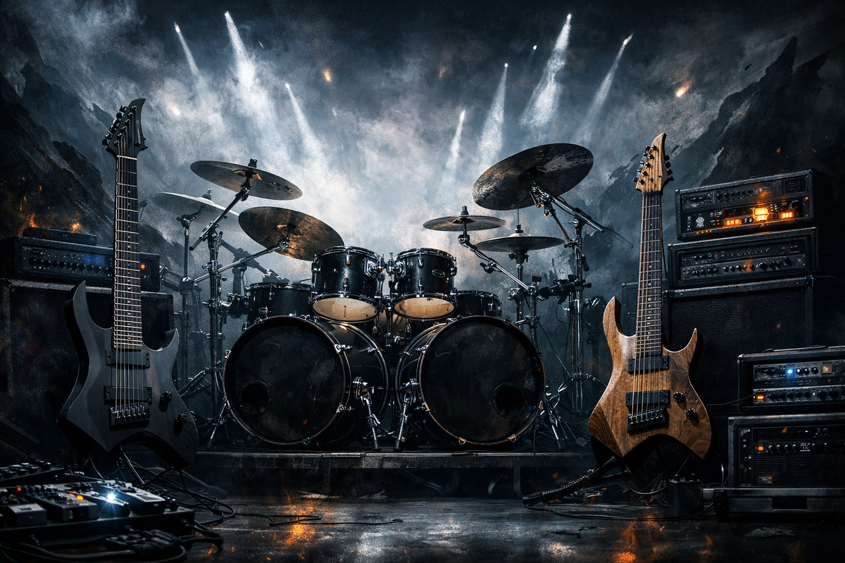 Drum kit and electric guitar on stage with dramatic spotlights and amplifiers
