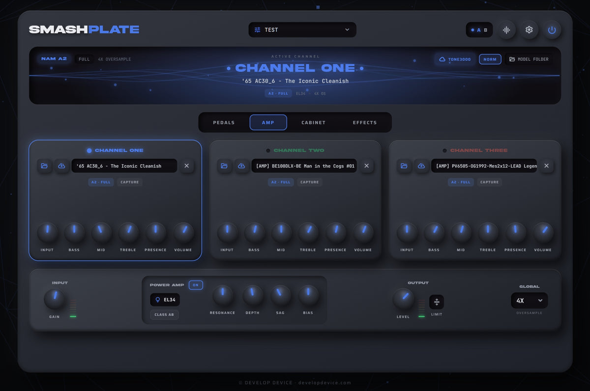 SMASHPLATE Amp tab - amp model selection and controls