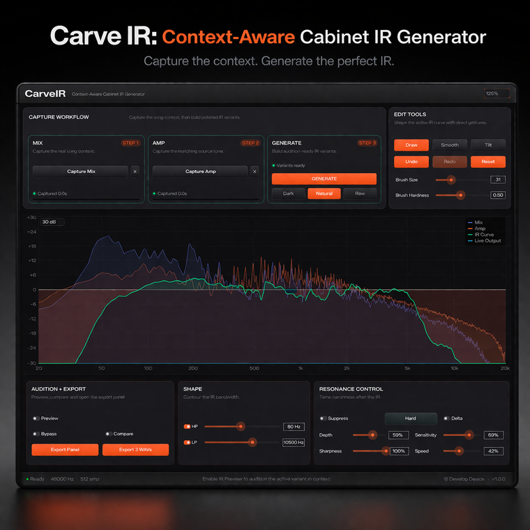 Carve IR plugin interface — context-aware cabinet IR generator for guitar