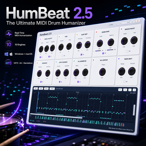 HumBeat 2 plugin interface - MIDI drum humanizer by Develop Device