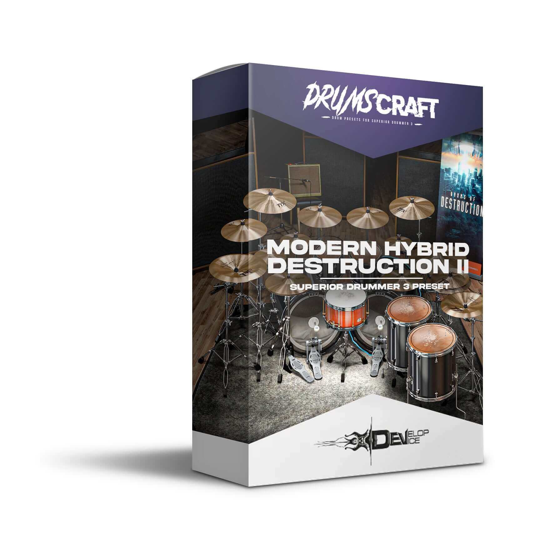 Modern Hybrid Destruction II product box showing Superior Drummer 3 preset for modern rock and metal music production