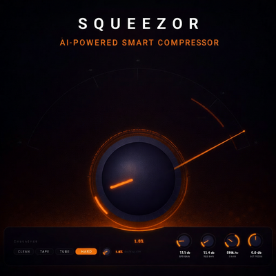 SQUEEZOR AI-Powered Smart Compressor VST3 Plugin Interface - Premium Dark GUI with VU Meter