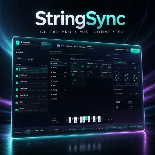 StringSync desktop app: advanced Guitar Pro to MIDI converter, included in the bundle