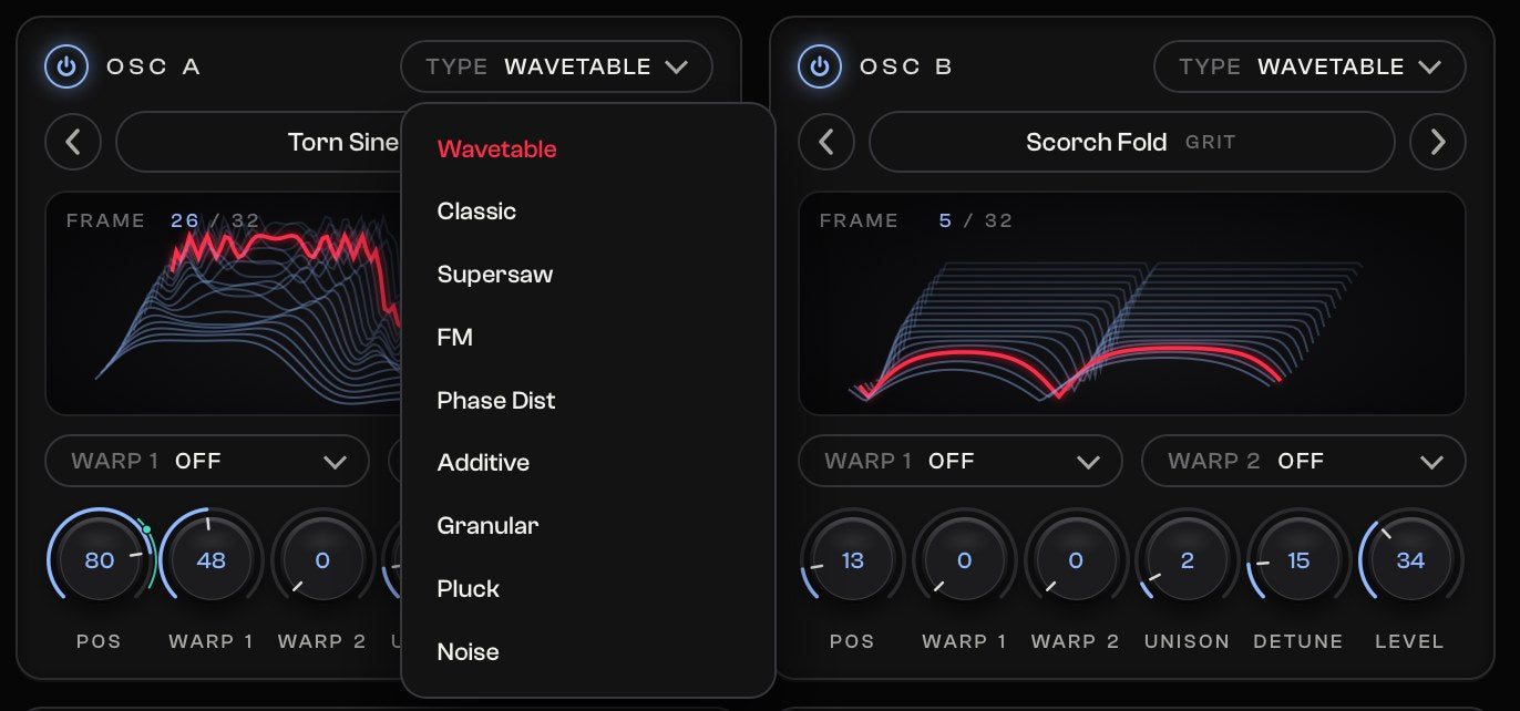ArgWave 3 oscillator types: wavetable, classic, supersaw, FM, phase distortion, additive, granular, pluck and noise