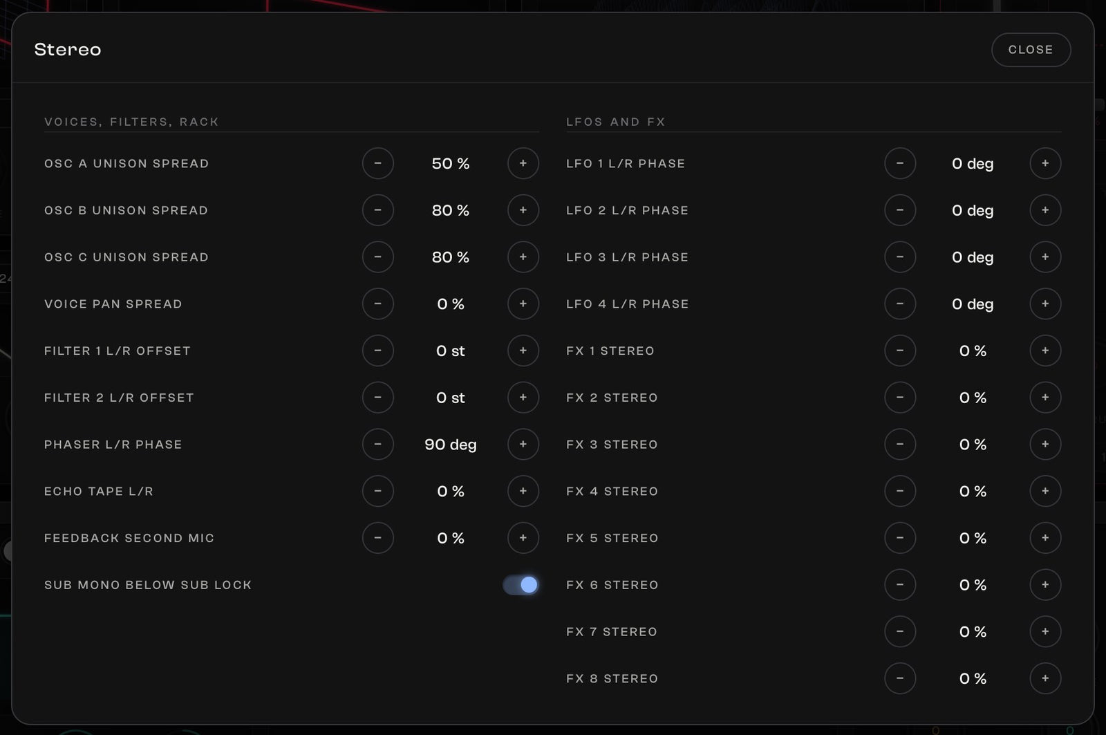 ArgWave 3 stereo settings: unison spread, left and right offsets, ping-pong echoes and a mono sub