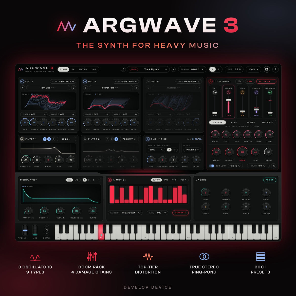ArgWave 3 heavy wavetable synth plugin by Develop Device: three oscillators, the DOOM RACK of four damage chains, distortion and true stereo