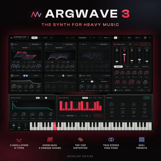 ArgWave 3 heavy wavetable synth plugin by Develop Device: three oscillators, the DOOM RACK of four damage chains, distortion and true stereo