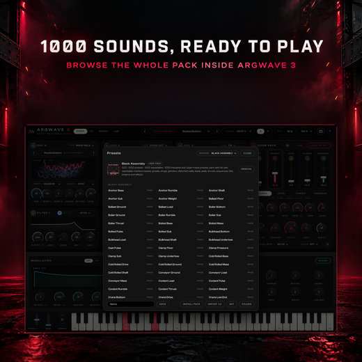 The ArgWave 3 preset browser showing the Black Assembly pack: 1000 presets and 1000 wavetables