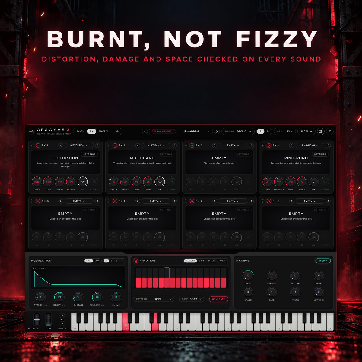 The ArgWave 3 effects page of a Black Assembly distorted preset: distortion, multiband and ping-pong delay