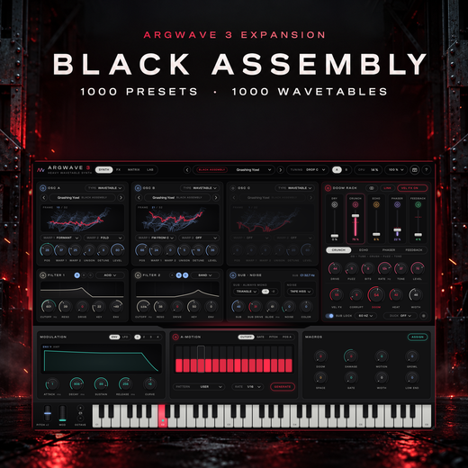 Black Assembly, an expansion for ArgWave 3: the synth with a Black Assembly preset loaded, standing on a dark steel floor in red light