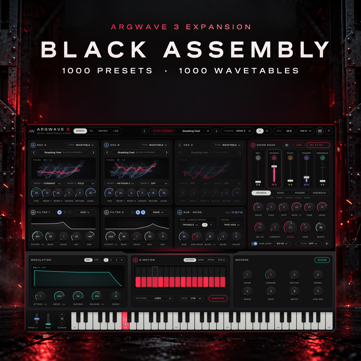 Black Assembly, an expansion for ArgWave 3: the synth with a Black Assembly preset loaded, standing on a dark steel floor in red light